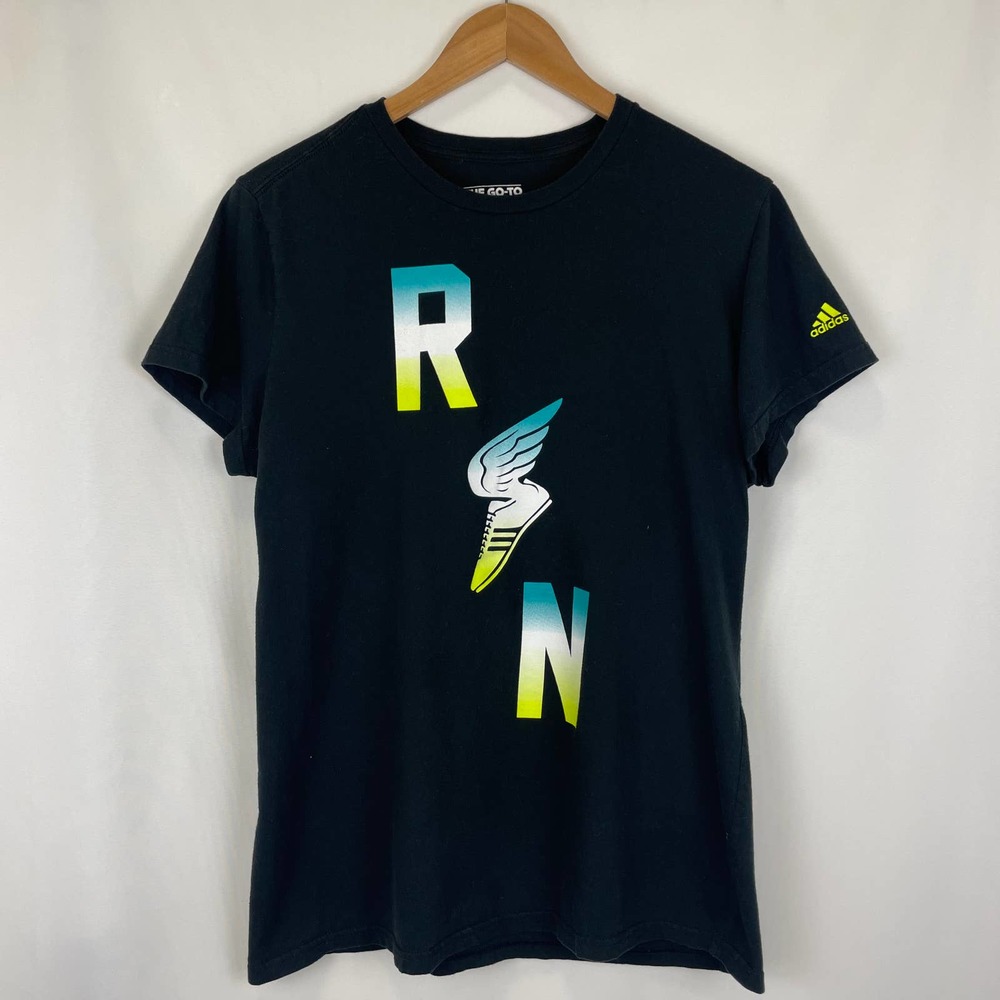 Adidas The Go-To Tee Black RUN Spellout Short Sleeve Active T Shirt Womens XL